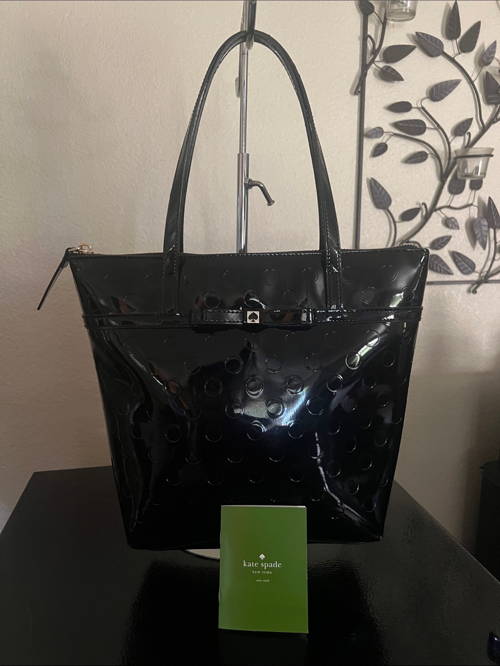 kate spade Black Patent Polka Dot Tote with Bow Accent